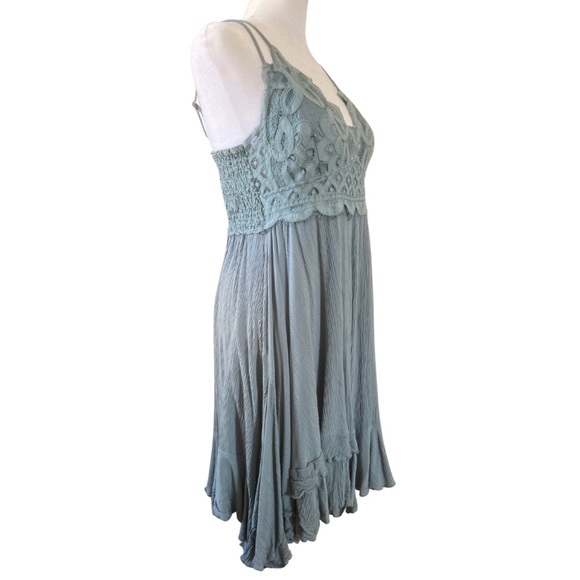 Zenana Strappy Ruffled Lace Mini Dress in Dusty Blue - Picture 2 of 4